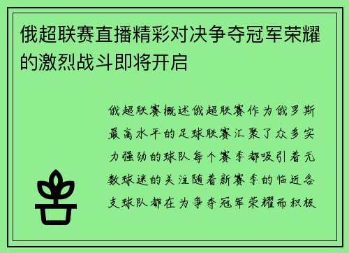俄超联赛直播精彩对决争夺冠军荣耀的激烈战斗即将开启